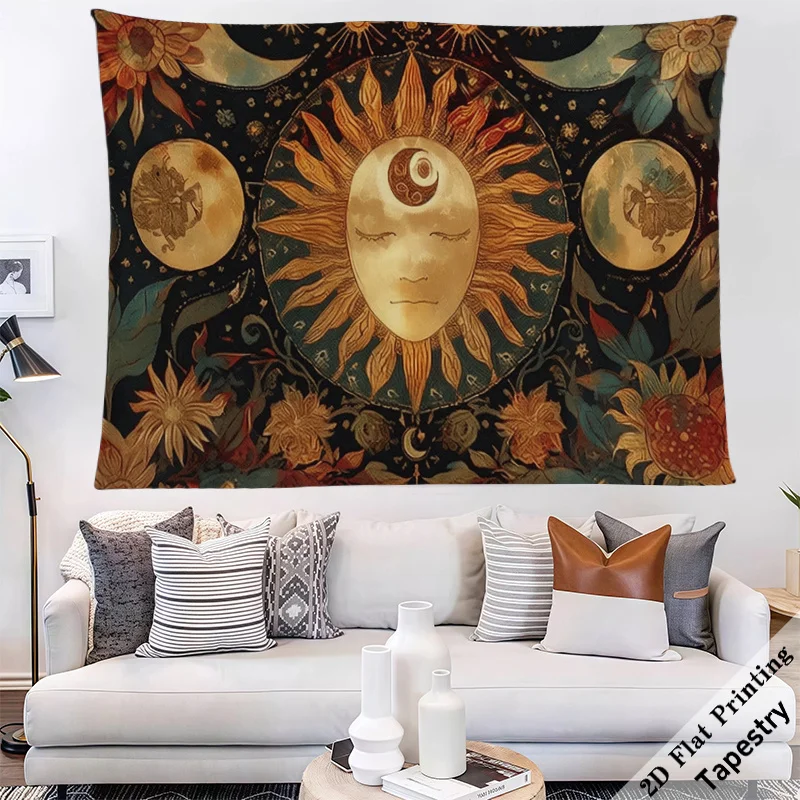 Bohemian Sun Moon Zodiac Celestial Tapestry Wall Hanging Boho Cosmic Astrology Decor Fabric Art 180x280cm