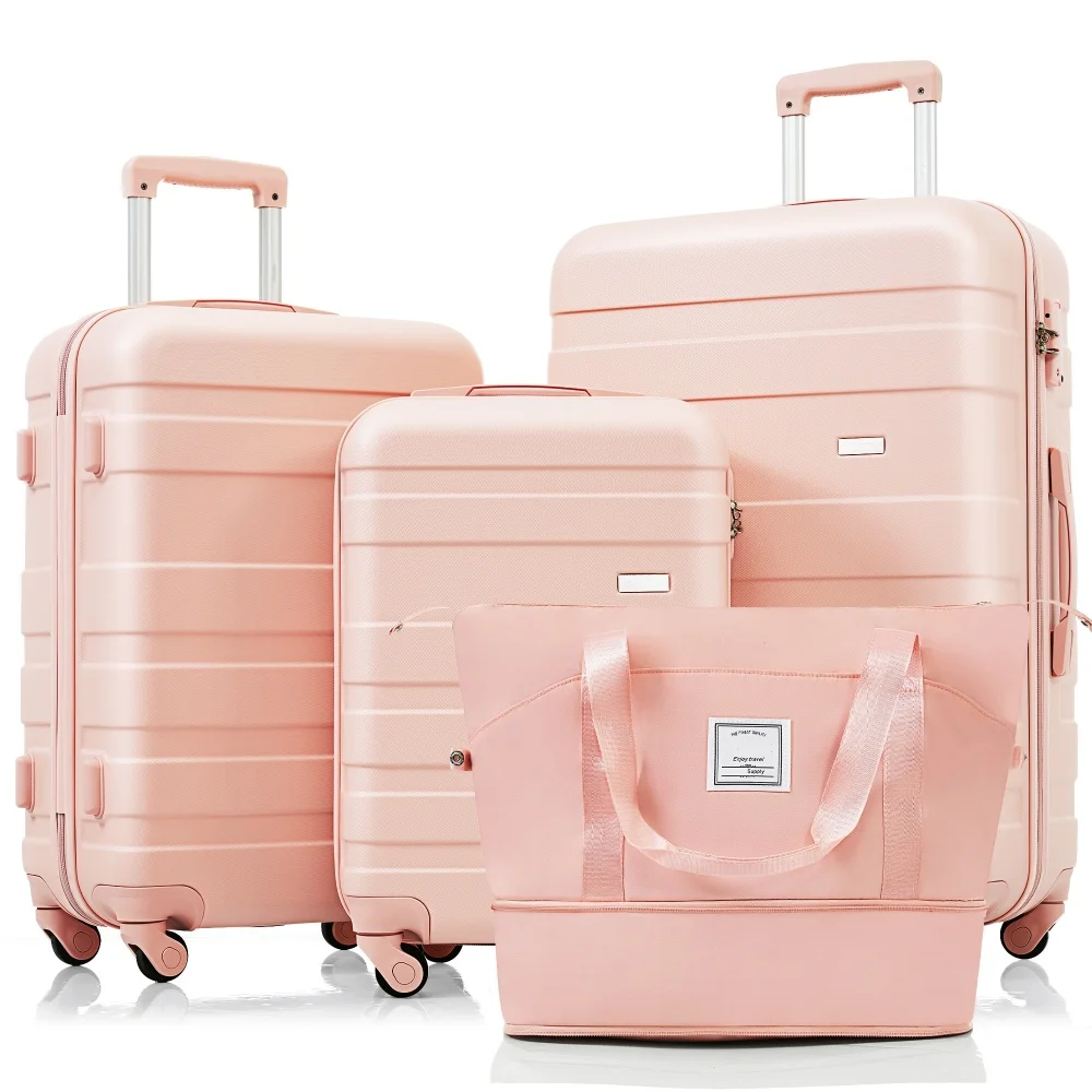 

Lightweight 4-Piece ABS Luggage Set with Travel Bag, 360° Spinner Wheels, Carry On Suitcase, Pink Travel Case