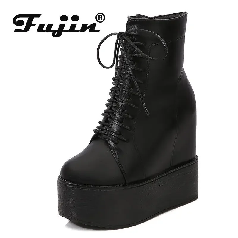 Fujin 12cm PU Women New Microfiber Wedge Warm Winter Ankle Knee High Boot Ethnic Platform Plush Autumn Hidden Heel Spring Shoes