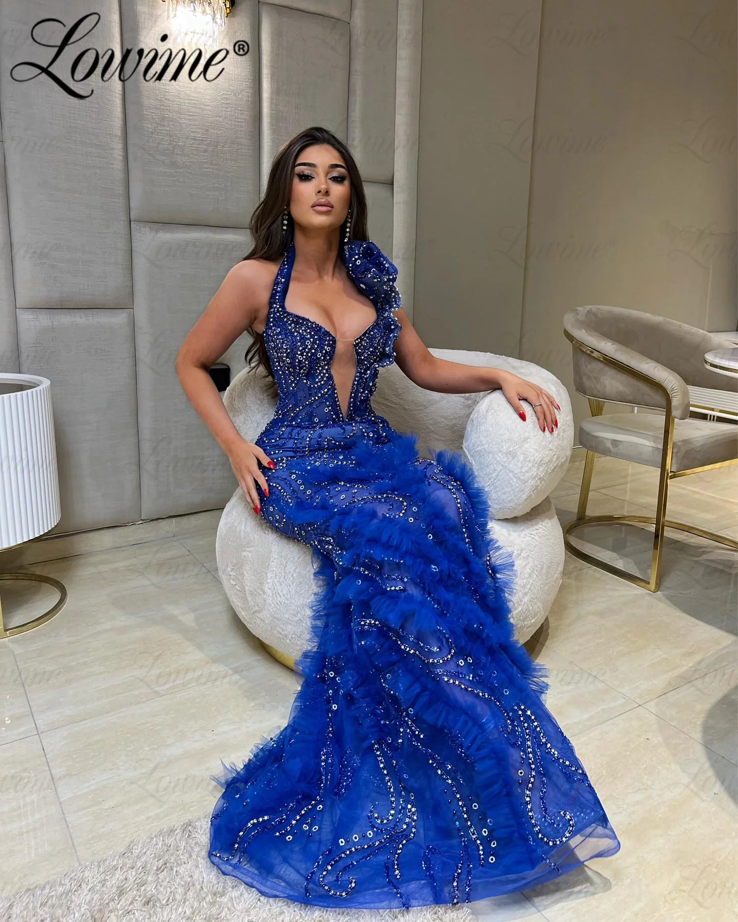 Vestidos de graduación azules con cuentas de sirena, vestidos largos de celebridades Aso Ebi para novia, vestidos de noche de compromiso para fiesta de boda 2024