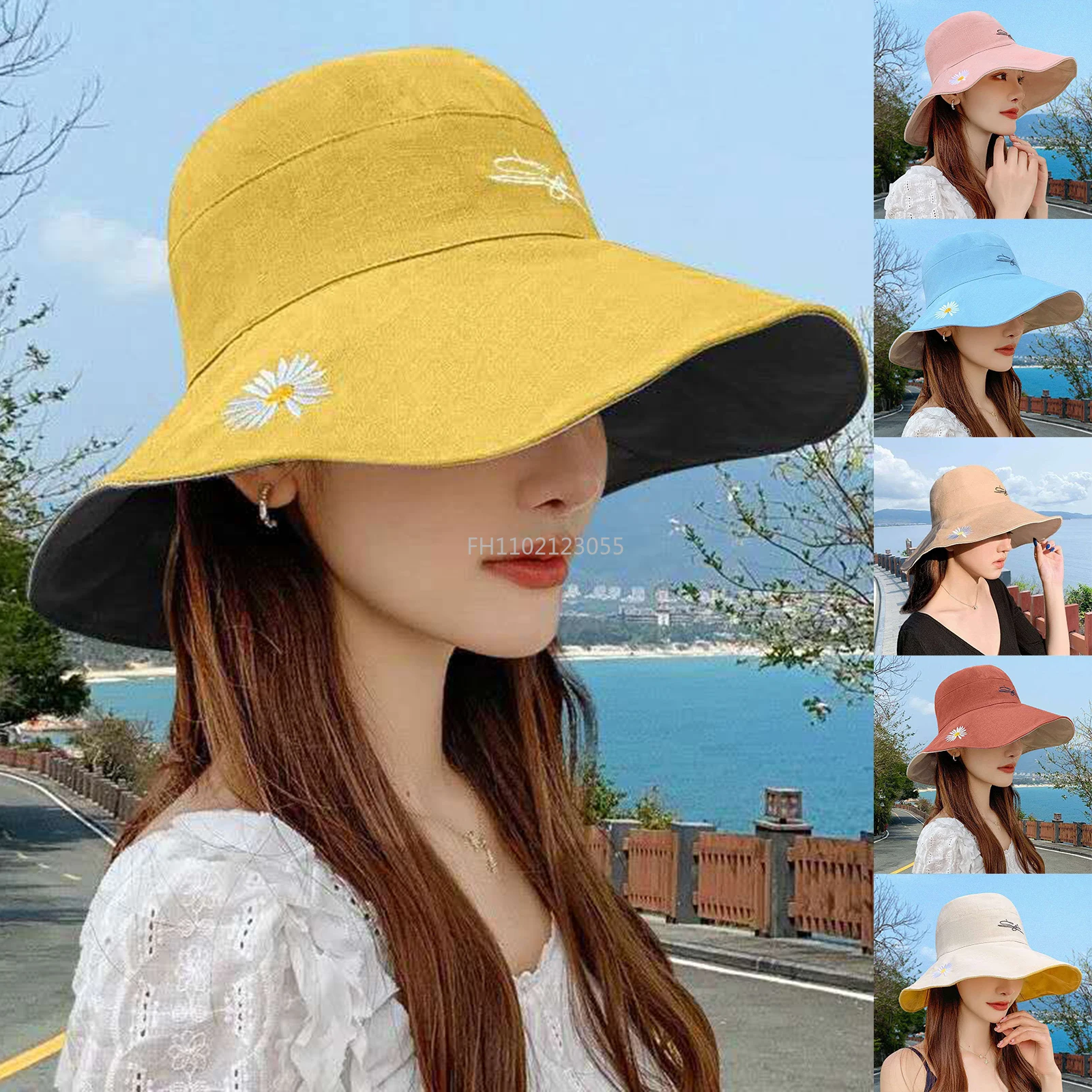 Daisy Embroidery Double Faced Fisherman Hat for Women Spring Japanese Korean Edition Trendy Versatile Summer Sunscreen Hat