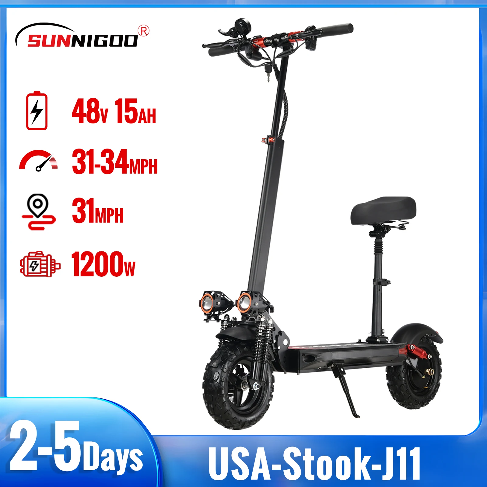 

SUNNIGOO J11 1200W Electric Scooter, 25 MPH Max Speed, 36 Mile Range, 11" Big Tires, Foldable, Single-Wheel Drive, with LED Lights & Seat, Black/Red