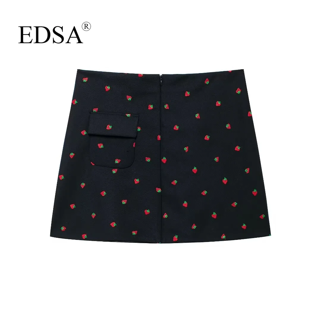 EDSA Women Wool Blended Strawberry Printed Skirts Set 2 Pcs Black Blazer Jacket High Waist Striaght Mini Skirts for Office Lady