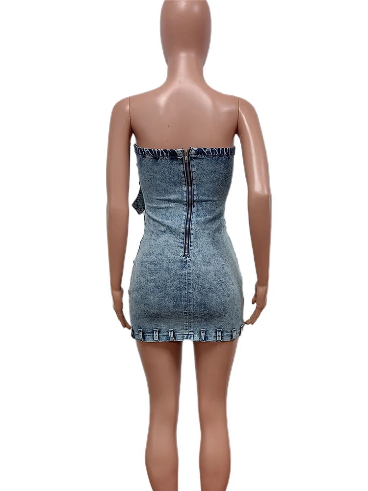 WEIRD PUSS Y2K Vintage Denim Dress Women Hipster Fall Fashion Zip Pocket Skinny Streetwear Classic Strapless Hottie Mini Bodycon