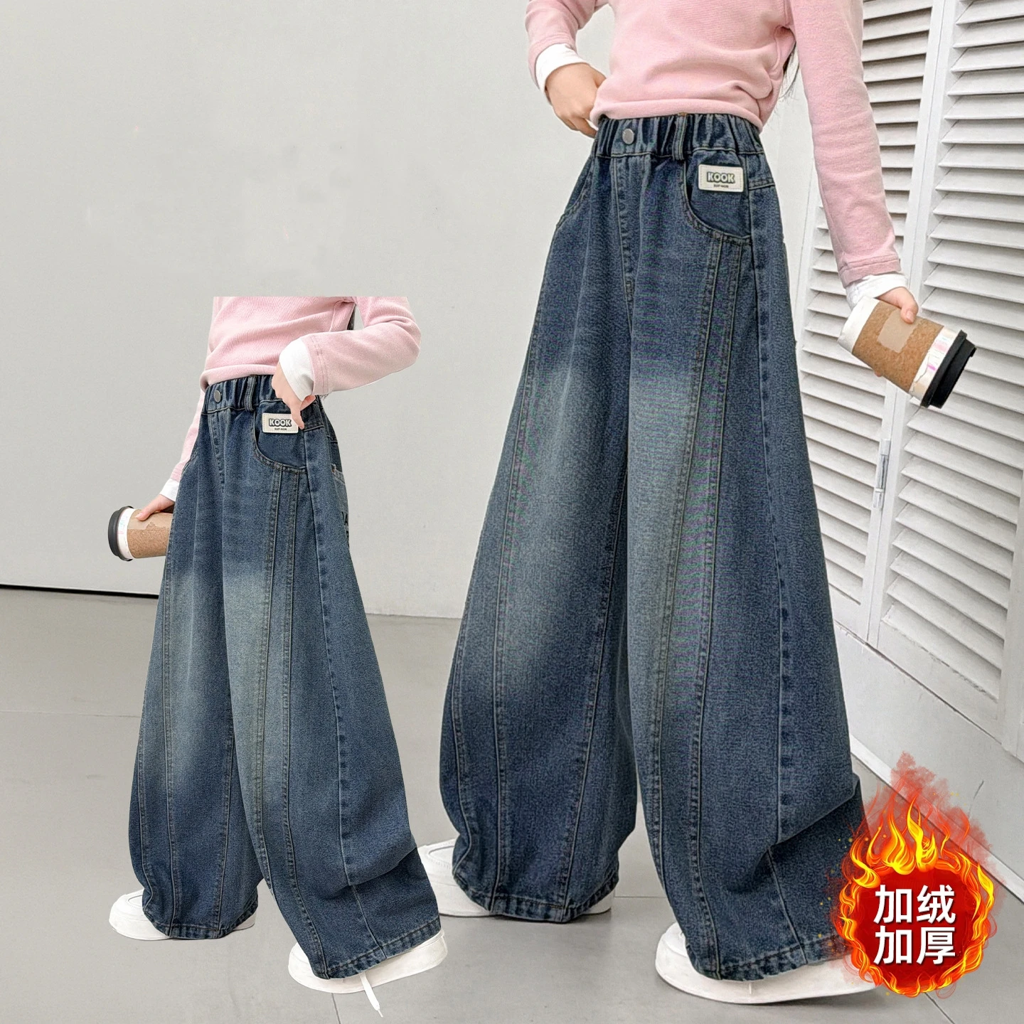 Child Winter Loose Fit Jeans for Girls With Splicing Design Kids Fashion Warm Insulated Denim Pants Fleece Lined Trousers