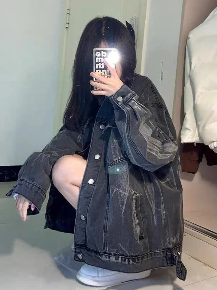 

Black Jackets Women Distressed Spring New American Style Students Sweet Lady Unisex Denim Overcoats Leisure All-match Daily Chic