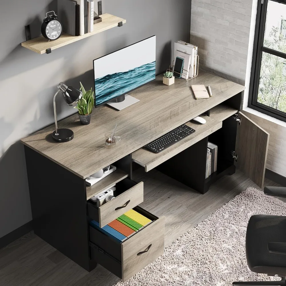 

59” Executive Desk with 2 Drawers, Computer Desk with Storage Cabinet, Industrial Wood Desk with File Drawer, Keyboard Tray