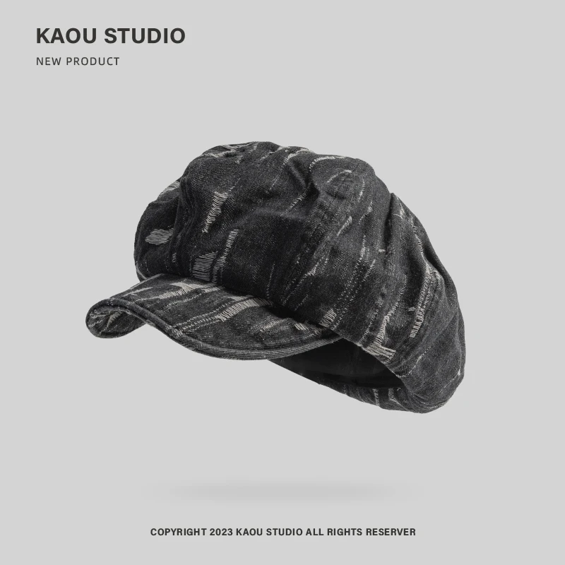 Korean Version of Personalized Old Denim Hole Design Beret Women\'s Spring and Autumn Large Version Casual Octagonal Painter Hat