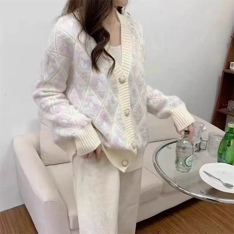 الرجعية تليين Ageless فضفاض المرأة سترة مشغولة من الصوف قصيرة الماس نمط ملابس خارجية الخامس الرقبة كم كامل سترة عادية القمم #2