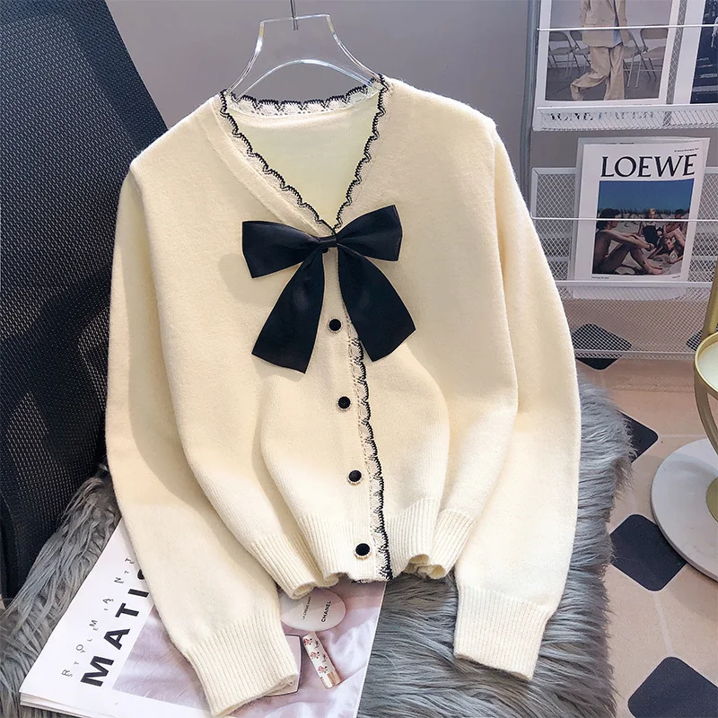 Sweet Bow Sweater Short Coat Single-breasted Knitted Cardigans for Women Autumn Winter Soft Long Sleeve Jackets