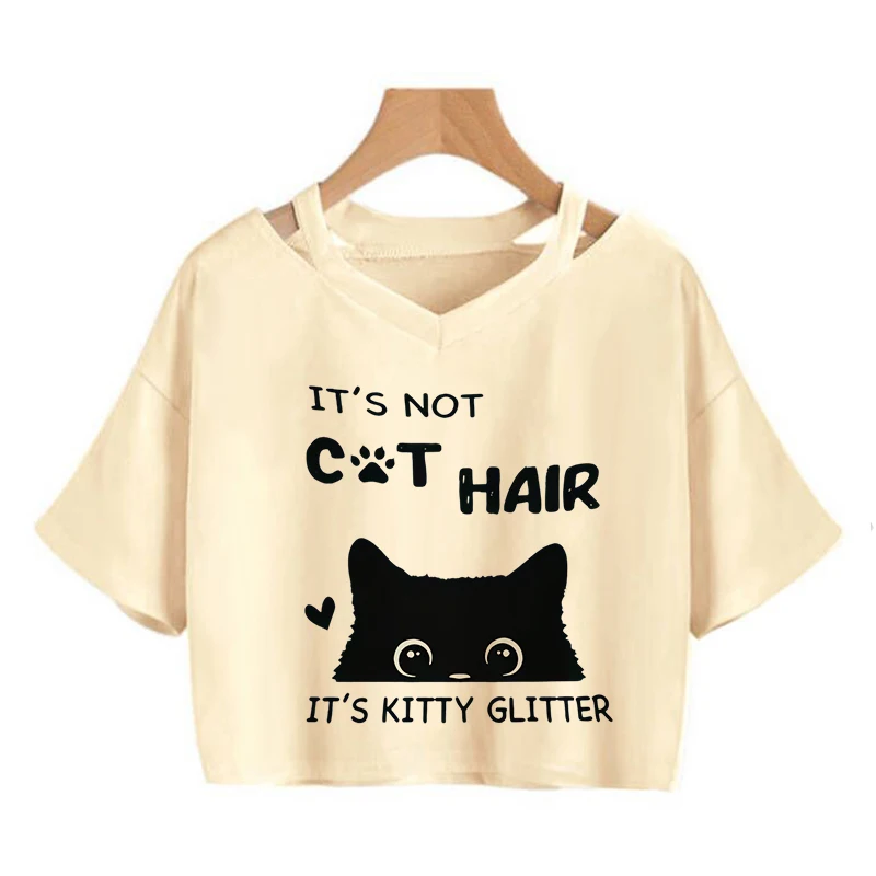 Casual Graphic Crop Tops with Kitten and Tabby Patterns 90s Y2k Cropped T Shirt Women's Vintage Cat Kitten Print T-Shirt Clothes
