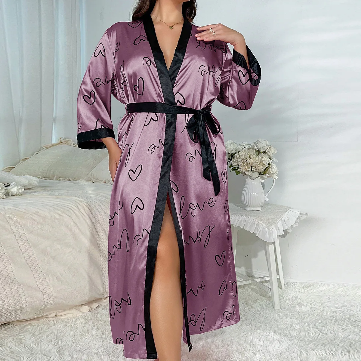 Fat and plus size sleepwear for women, fashionable and casual, loose printed sleepwear for women, long imitation silk sexy night