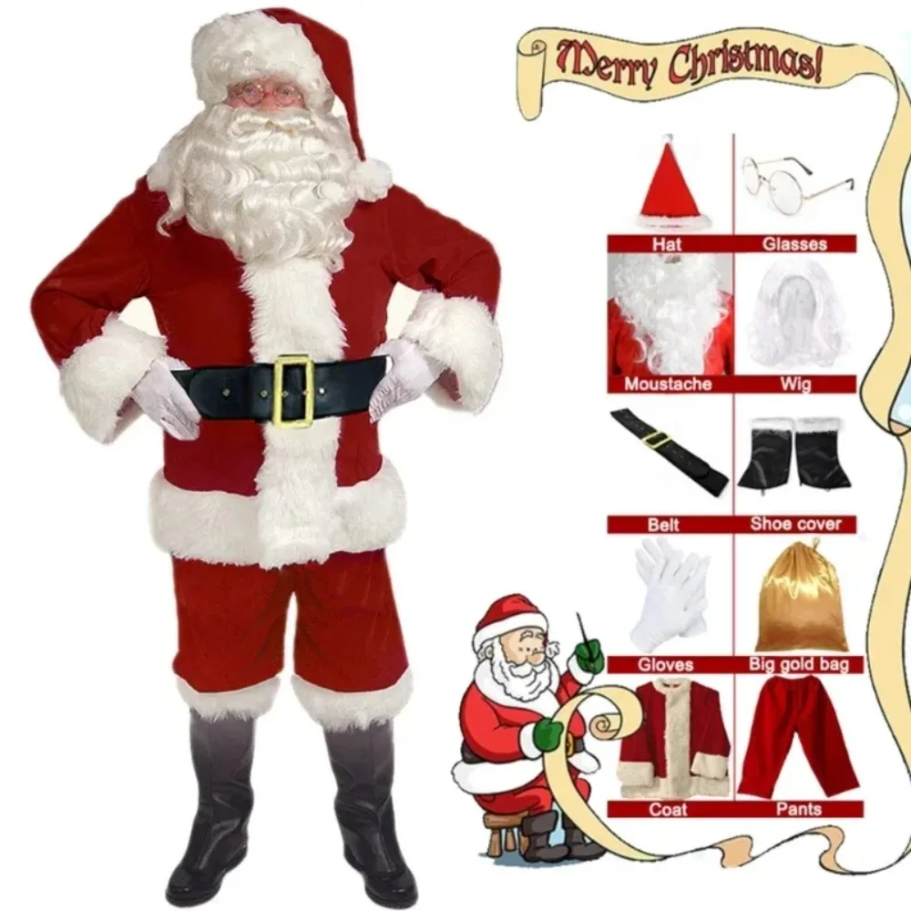 

Santa Claus Costume Set Christmas Costumes Cosplay Clothes Santa Claus Gold Velvet Set Red Gift Bag Set Performance Clothes