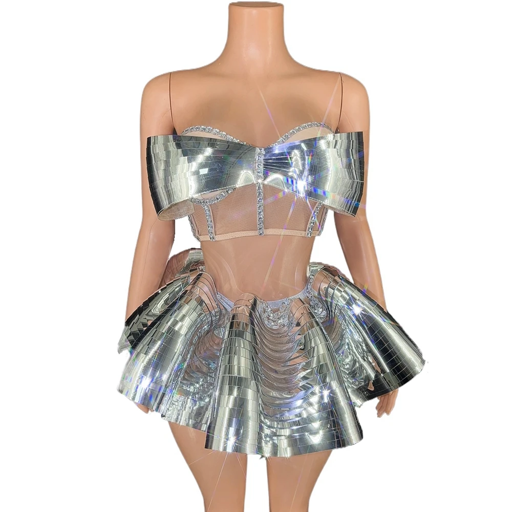 

Sparkly Sequins Rhinestones Tube Top Bubble Skirt 2 Pieces Set Sexy Show Stage Wear Performance Dance Costume Birthday Dress