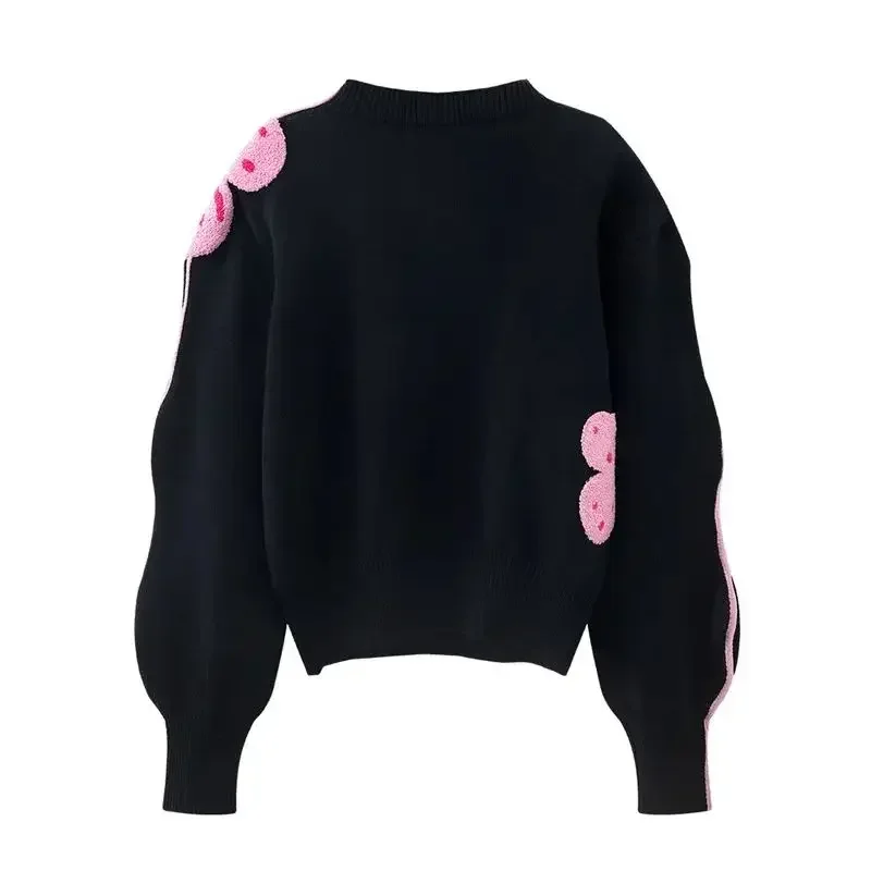 

autumn new Pink Floral Jacquard Wool Sweater Women Embroidery Blace Womens Knit Pullover Cashmere Knitwears