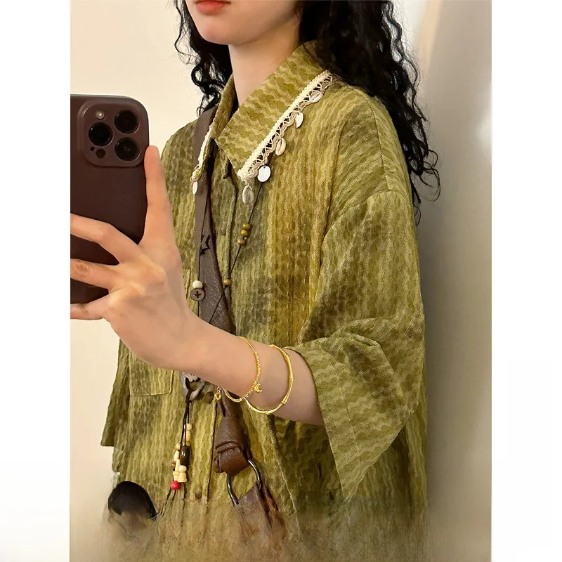 

Retro Summer Street Sle Loose Women's irt Lace Patchwork Collar ort Sve Casual Versatile Top BUNACC2026