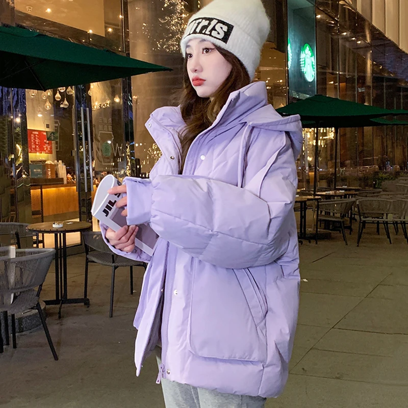 2024 Winter Bread Clothing Overcoat Short Down Padded Jacket For Women Hooded Outerwear Loose Warm Parka Down Cotton Coat Female