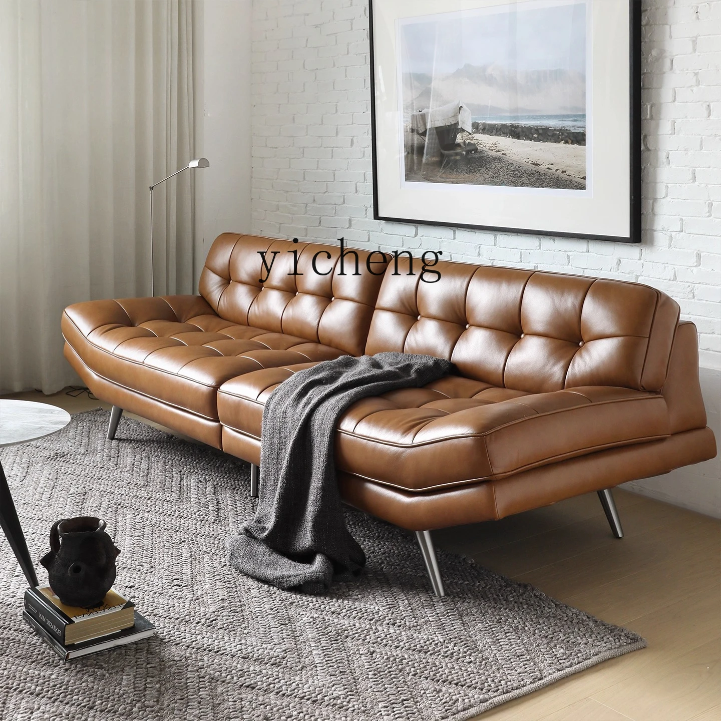 

LSL Nordic Expression French Retro Style Moon Boat Full Genuine Leather Sofa Caramel Color