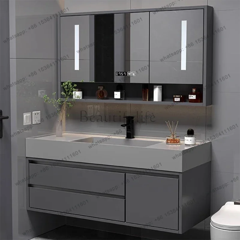 YJ Nordic Ceramic Bathroom Cabinet Modern Solid Wood Smart Multifunction Bathroom Mirror Vanity Combo Home Furniture Bagno FYBC