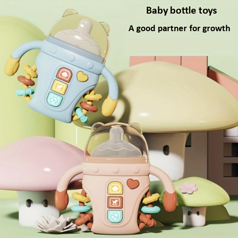 1 Pcs Baby Soother Bottle Hand Rattle, Musical Light Rattle Toy, Food Grade Safe Silicone Teether for 0-24 Months Perfect Gift