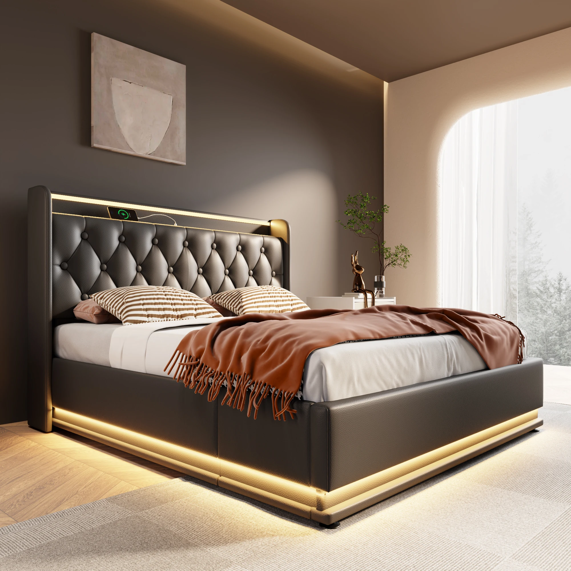 Queen Size Upholstered Bed 360 Surround LED Function Buttons Apps and Remote Control in Black Color