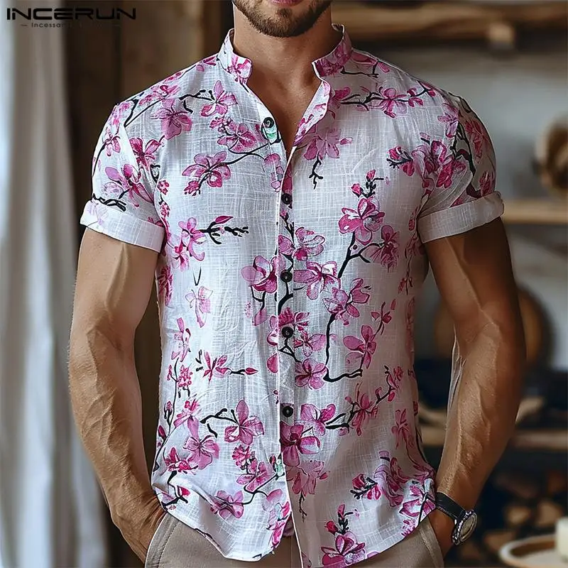 

Casual Streetwear Style Tops INCERUN Men's Floral Print Shirt Fashionable Male Personality Short Sleeved Lapel Blouse S-5XL 2024