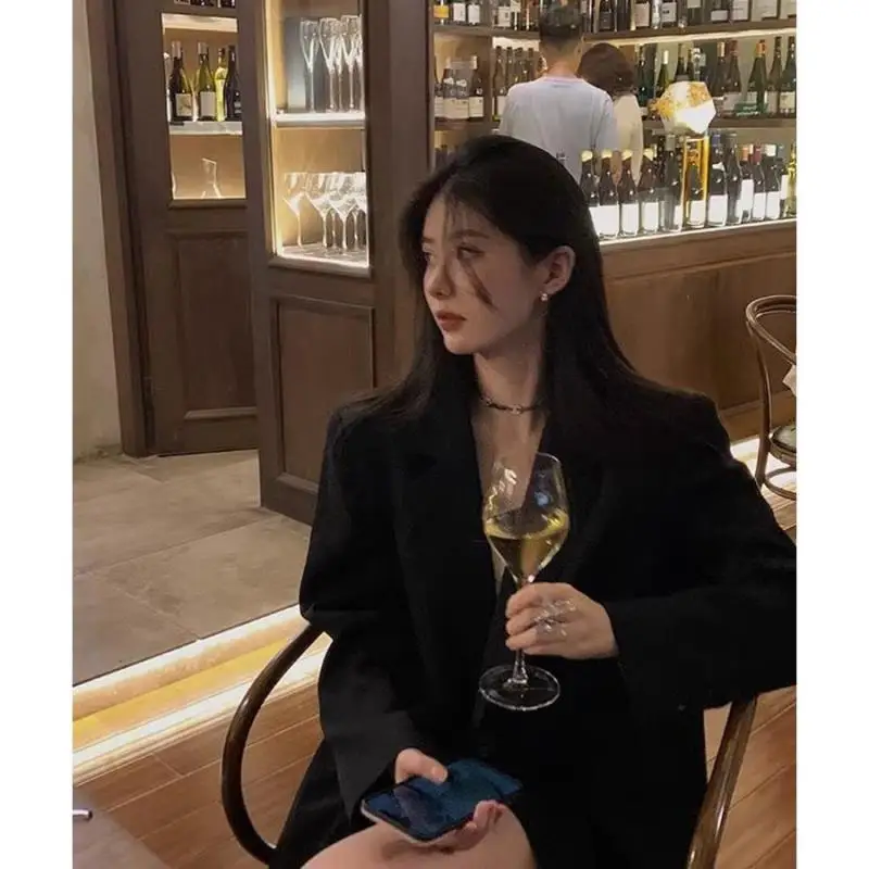 

Long Coat Woman Women'S Blazer Drilling Fiber Interviews Students O-Neck Womans Mid-Long Temperamet Slim-Fit Crew Age-Reducing