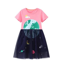 Jumping Meters 3-8T Princess Girls Dresses Space Embroidery Short Sleeve Baby Party Frocks Cute Toddler Clothing Dresses Kids