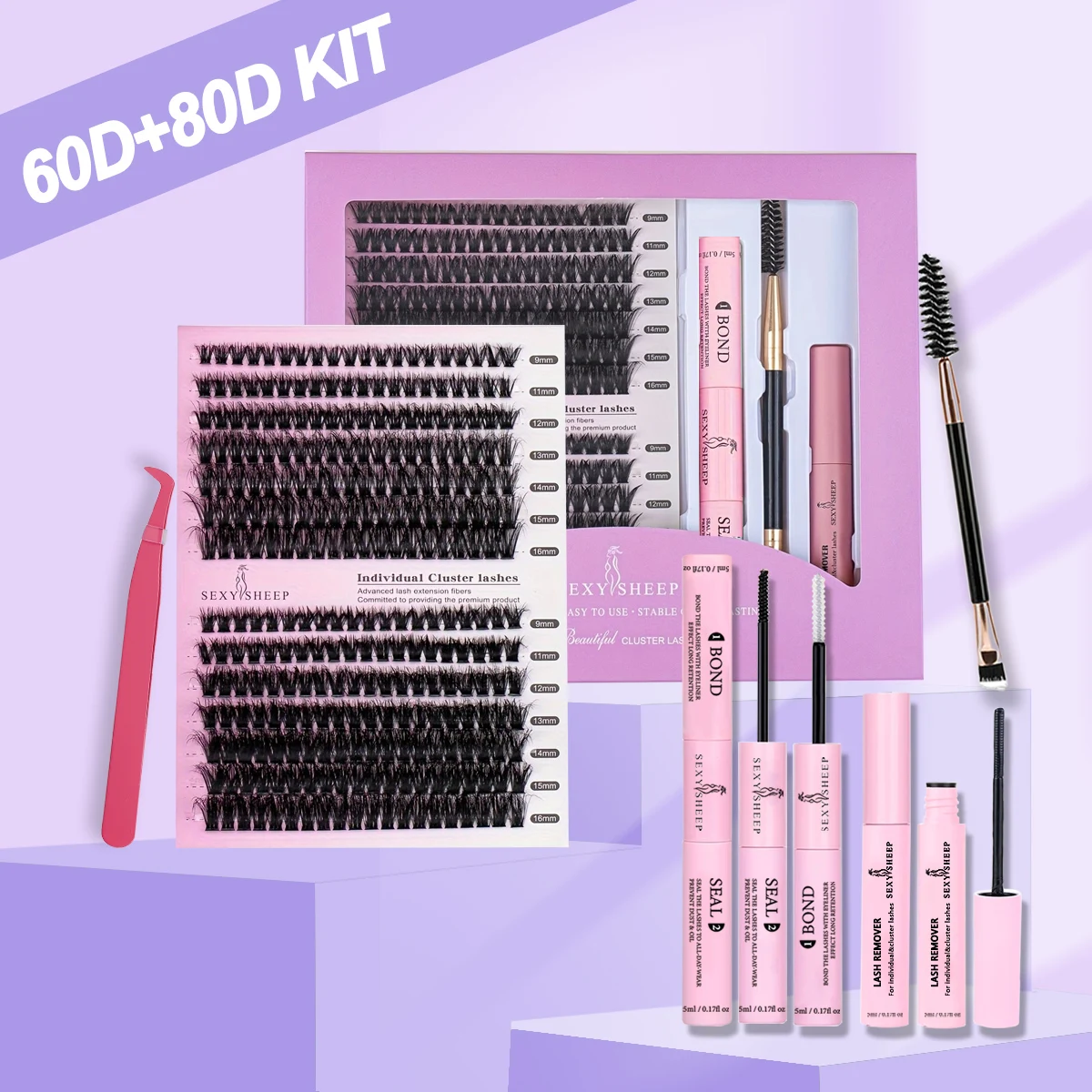 DIY Wimpernverlängerungsset, 280 Stück, Wimperncluster, individuelles Wimpern-Set mit Wimpernbindung, Dichtung und Wimpernpinzette, Bürste und Entferner