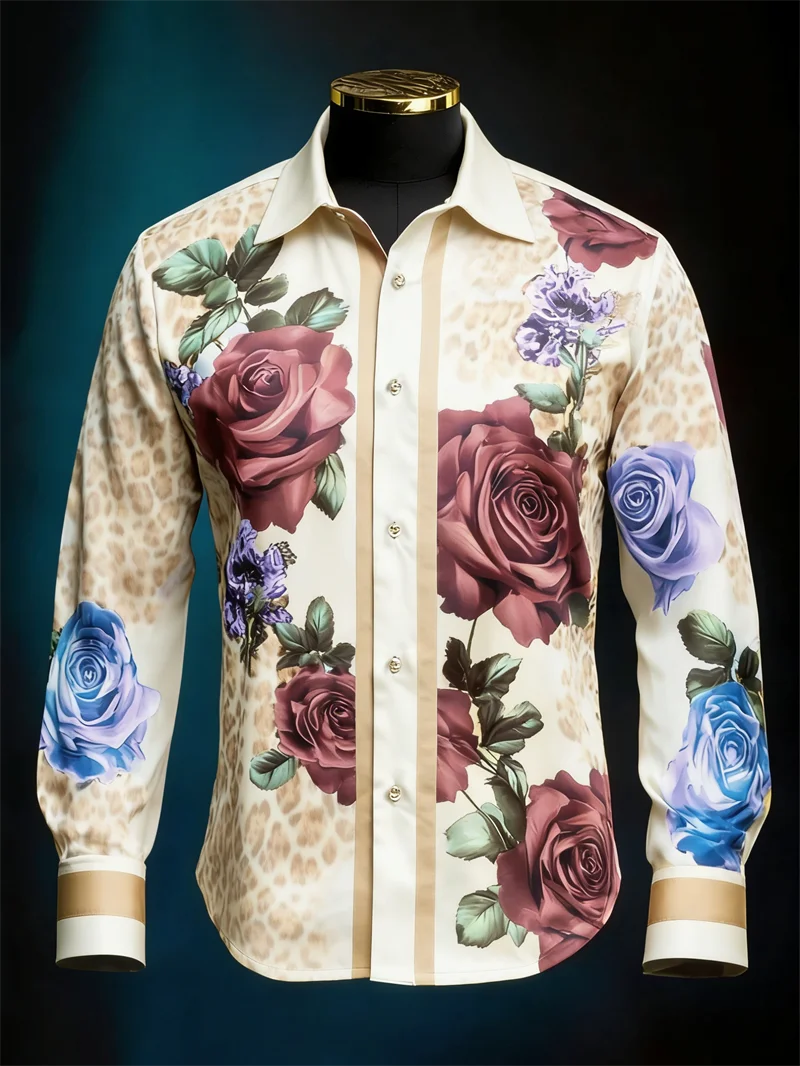 Men Button‑up Long Sleeve Shirt Luxe Rose‑blossom Leopard‑art Motif Turn‑down Collar Leisure Theme‑party Gathering Travel Outfit