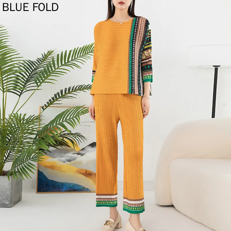 Printed Pleated Fashion Casual Set for Women Pullover Loose Top High Waist Drop, Contrast Color Straight Pants, Spring, Summer