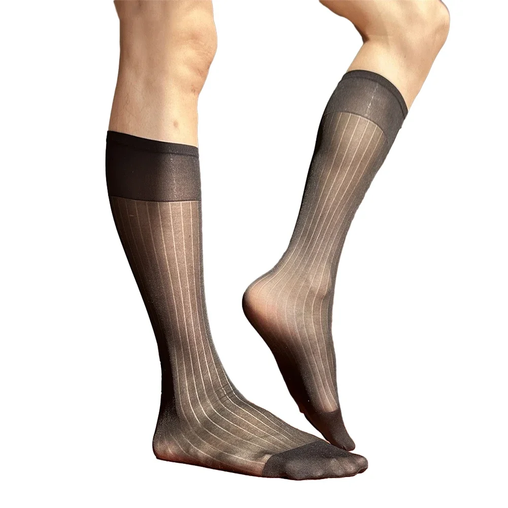 1 Pair Mens Sexy Wide Striped Ultra-thin Socks See-Through Stockings Dress Suit Socks Silk High Thin Breathable