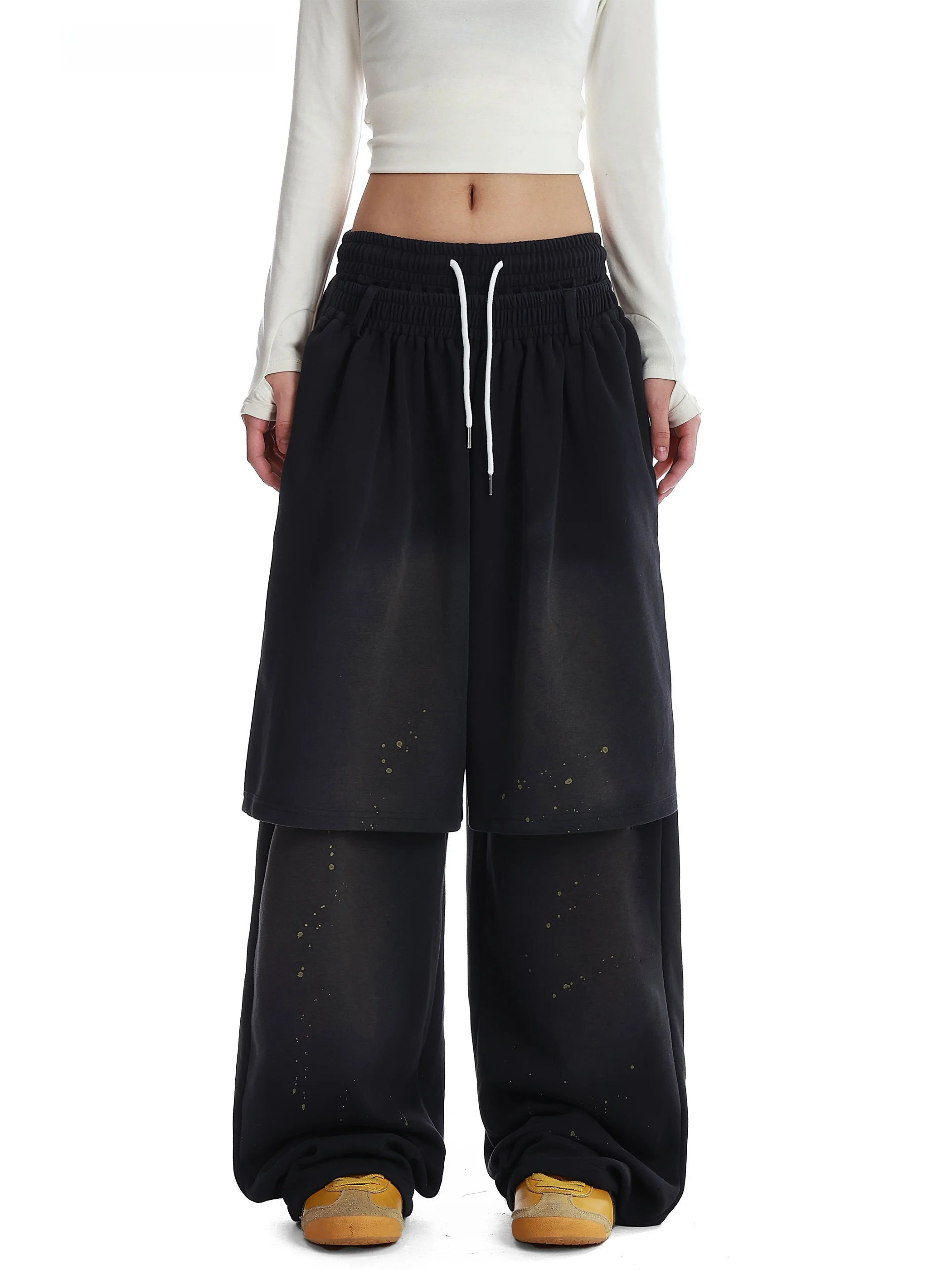 

Американские ретро-брюки с эффектом брызг краски, с высокой талией, широкими штанинами, повседневные, женские, осенне-зимние, имитация двухслойности, с завязками, спортивные штаны