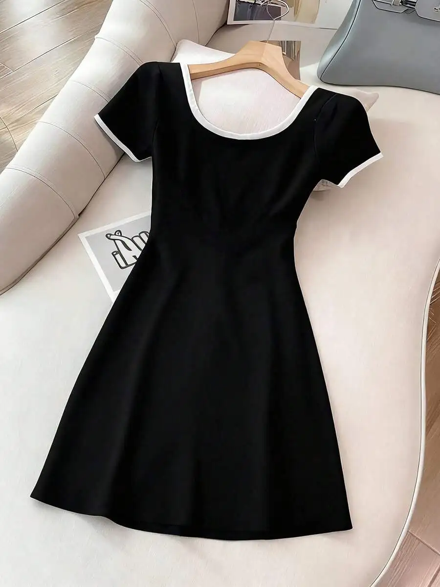 

Black A-Line Dress with White Trim Square Neck and Short Sleeves