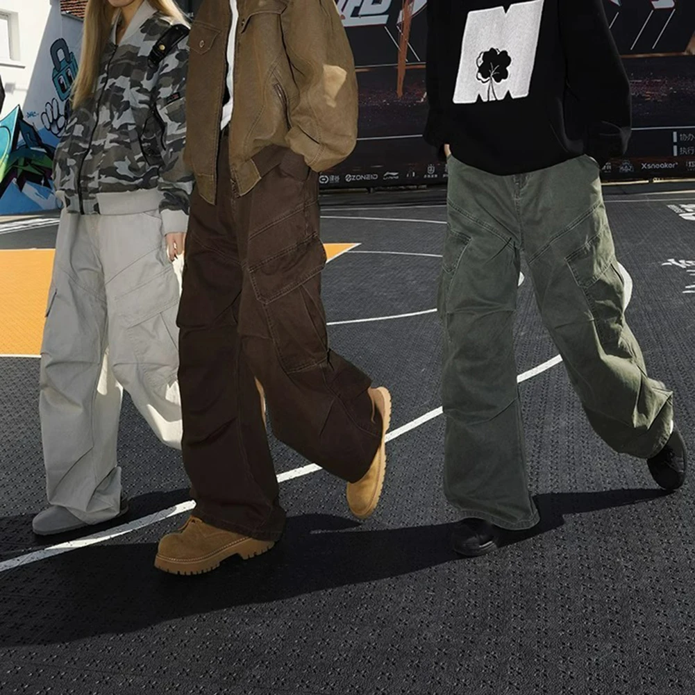 

Men Wrinkles Cargo Pants Loose Straight Wide-Leg High Street Sweatpants Trousers