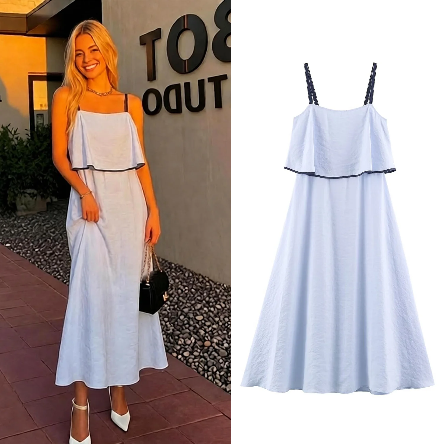 Women Blue Ruffle Cami Midi Dress Summer Female Black Trim Spaghetti Strap Loose A Line Dress Lady Casual Beach Vacation Dress