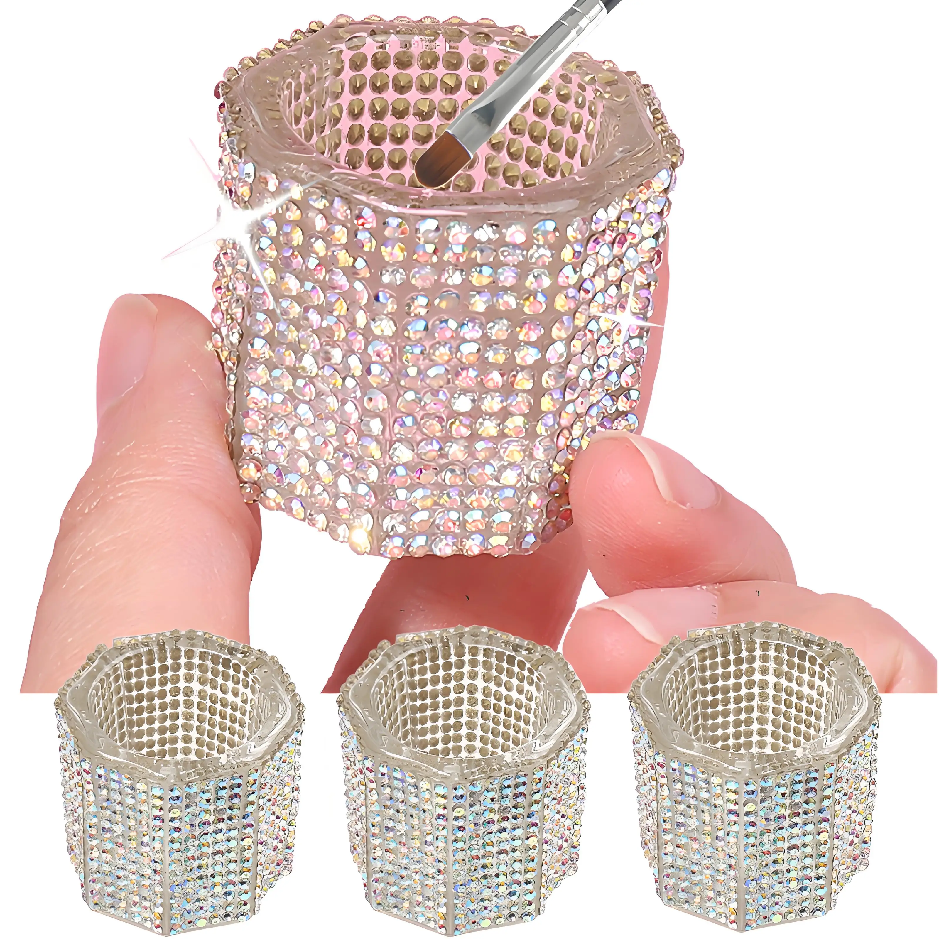 Mini vidro de cristal acrílico pequeno octogonal pó líquido copo de unhas escova de unhas limpo poder líquido strass tigela de mistura de luxo