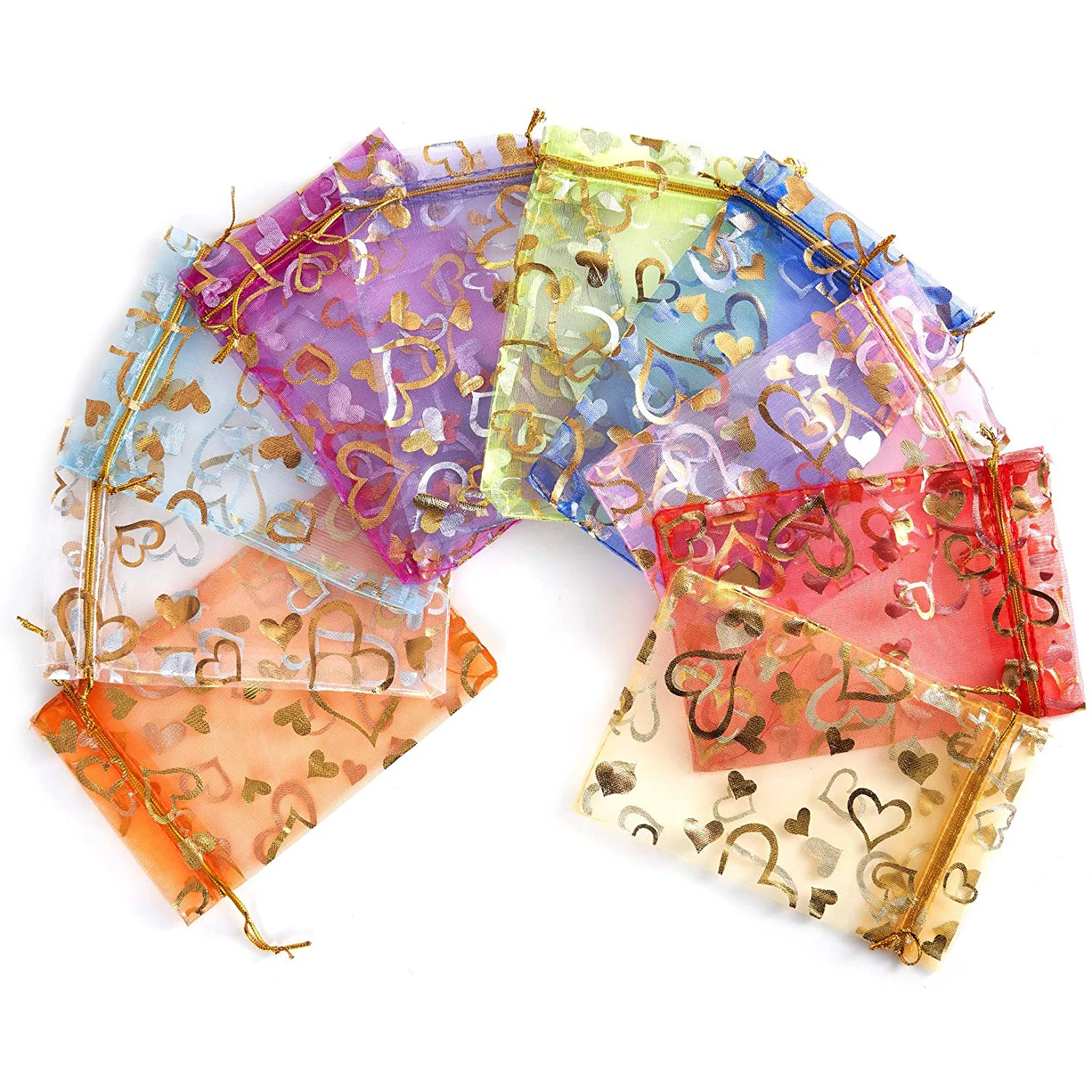 100 stks/partij 9x12 cm Gemengde Willekeurige Goud Trekkoord Organza Zakjes Sieraden Verpakking Zakken Snoep Bruiloft Zakken Groothandel Geschenken