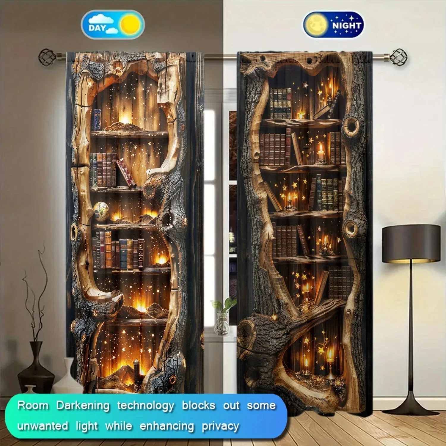 2pcs Magical Vintage Bookcase & Starry Pattern Curtains, Designed for Light Blocking, Premium Material, Suitable for Study,