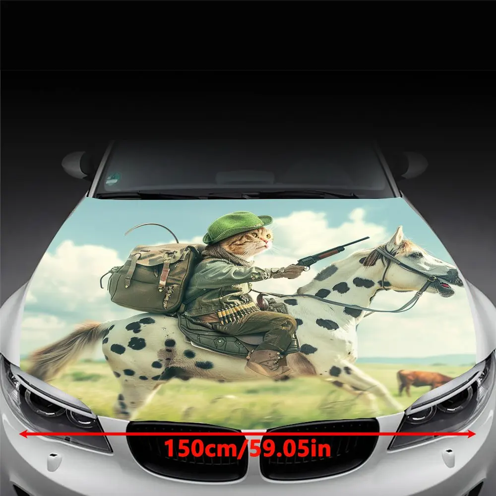 Cute cat in military uniform, galloping forward; car vinyl wraps, car hood graphic stickers, vinyl material makes your car diffe
