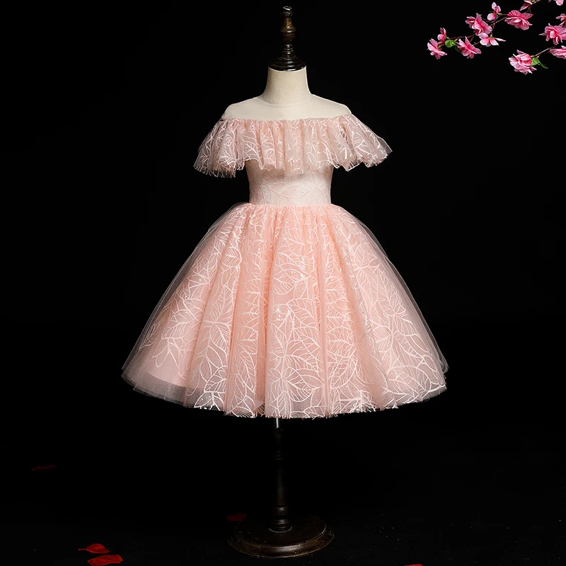 

Pink Appliques Evening Dress Elegant O-Neck Ruffles Short Sleeves Above Knee Pleat Ball Gown Party Flower Girl Dresses B1820