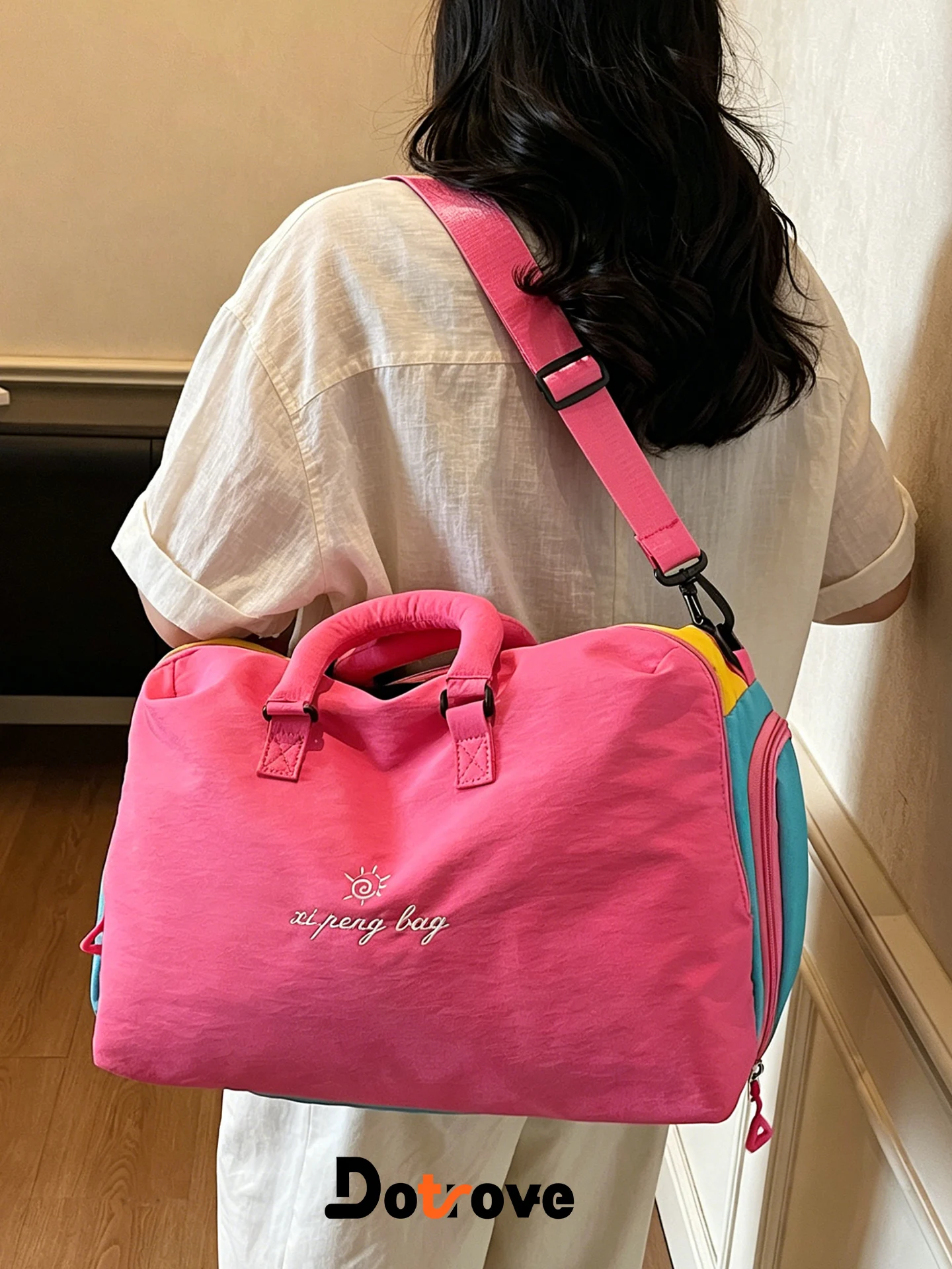 large-capacity-women's-fitness-sports-bag-dyed-color-travel-bag-crossbody-storage-bag-nylon-material-foldable-with-pockets