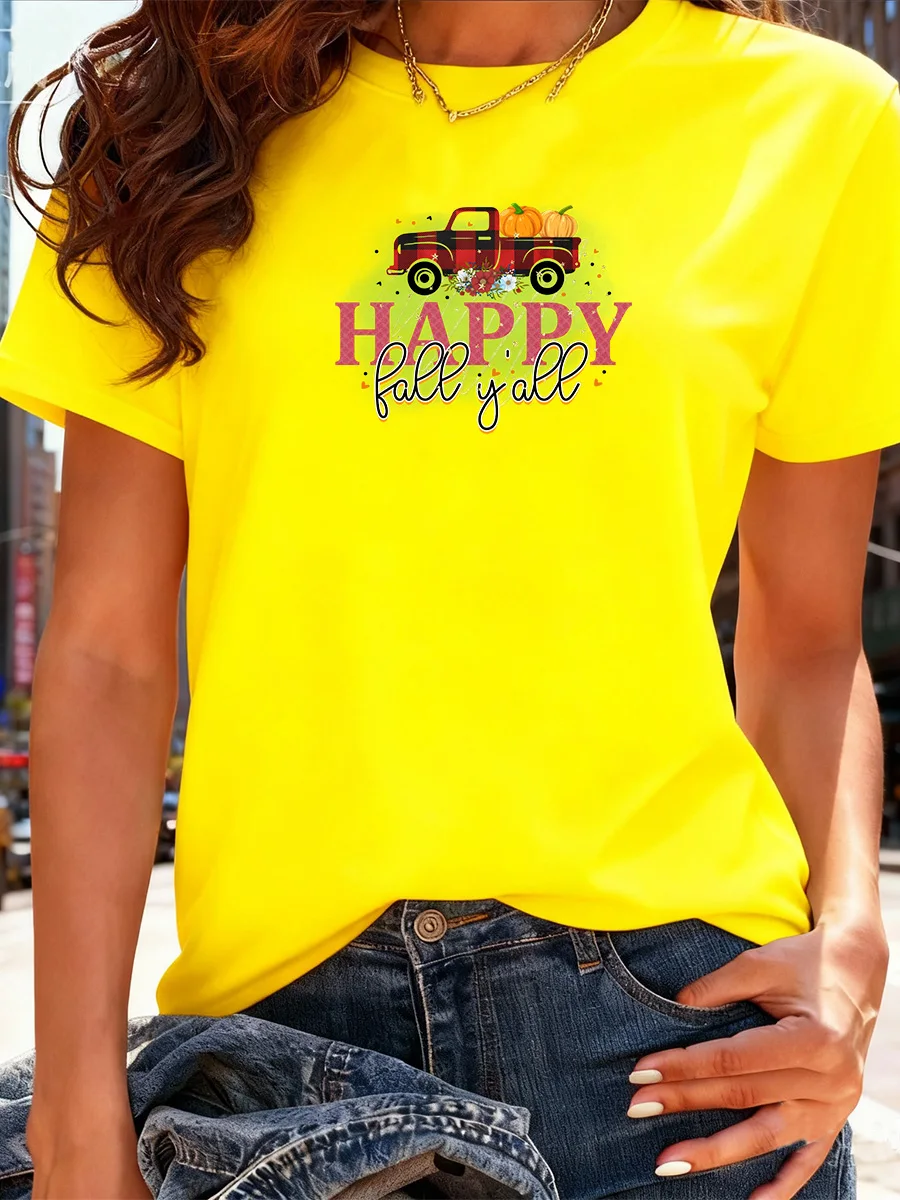 تي شيرت أسود قصير الأكمام "Happy Fall Y'all" برسومات شاحنة اليقطين لملابس الخريف النسائية غير الرسمية #2