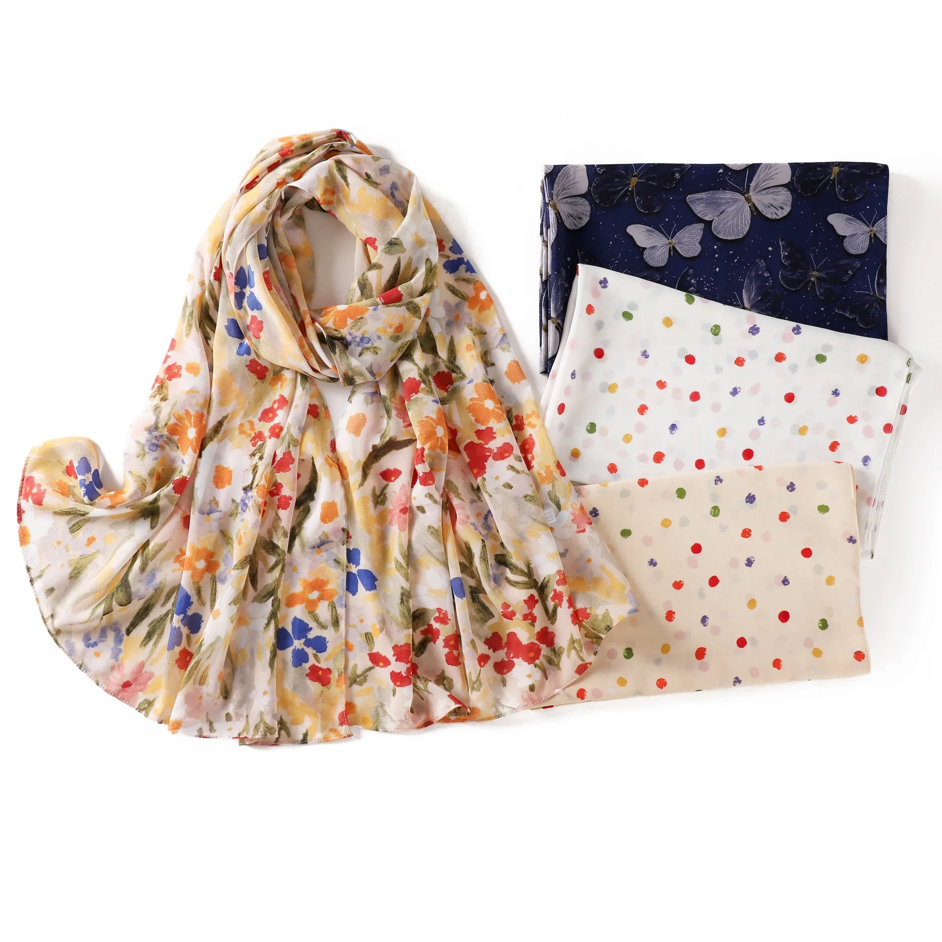 Floral Dot Butterfly Pearl Chiffon Scarf Long Shawl Fresh Artistic Style Print Neck Wrap for Women Daily Outfit