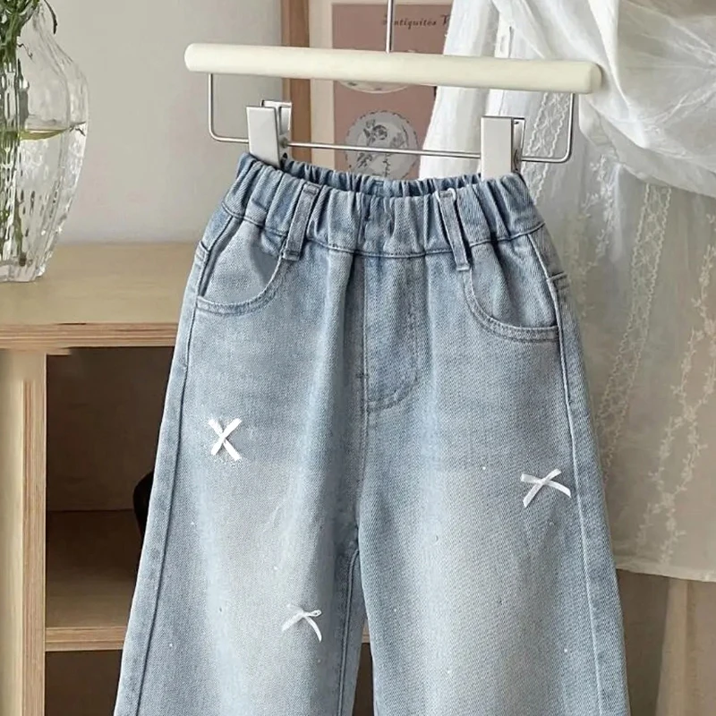 Girls' Bow Tie Jeans, Spring Embroidery, Loose and Fashionable Style, Children's All-Match Casual Pants