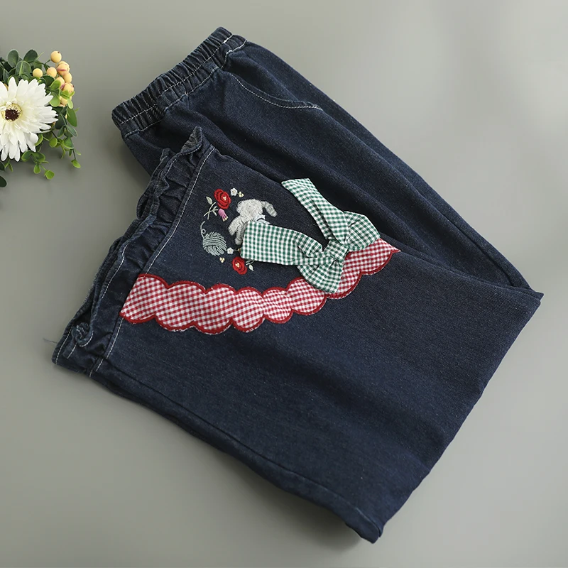 اليابانية الحلو موري فتاة خمر القوس منقوشة التطريز المرقعة الدنيم السراويل النساء الربيع مرونة الخصر جينز مستقيم غير رسمي