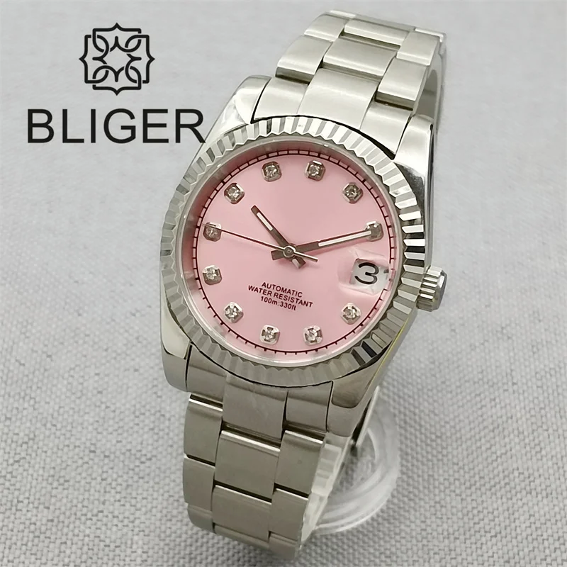 BLIGER 36mm/39mm Machenical Watch NH35 Automatic Movement Pink Dial Diamnd Time Marks Steel Strap Silver Fluted Bezel Waterproof