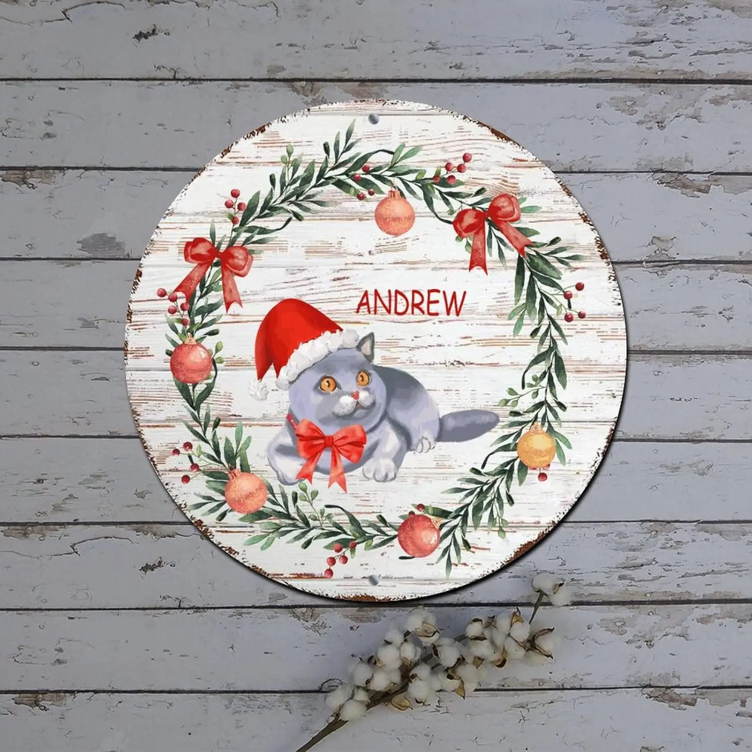 Christmas Metal Tin Signs Custom Cat Name Holly Wreath Round Metal Tin Sign Christmas Door Decor Rustic Metal Wreath Sign for Fa