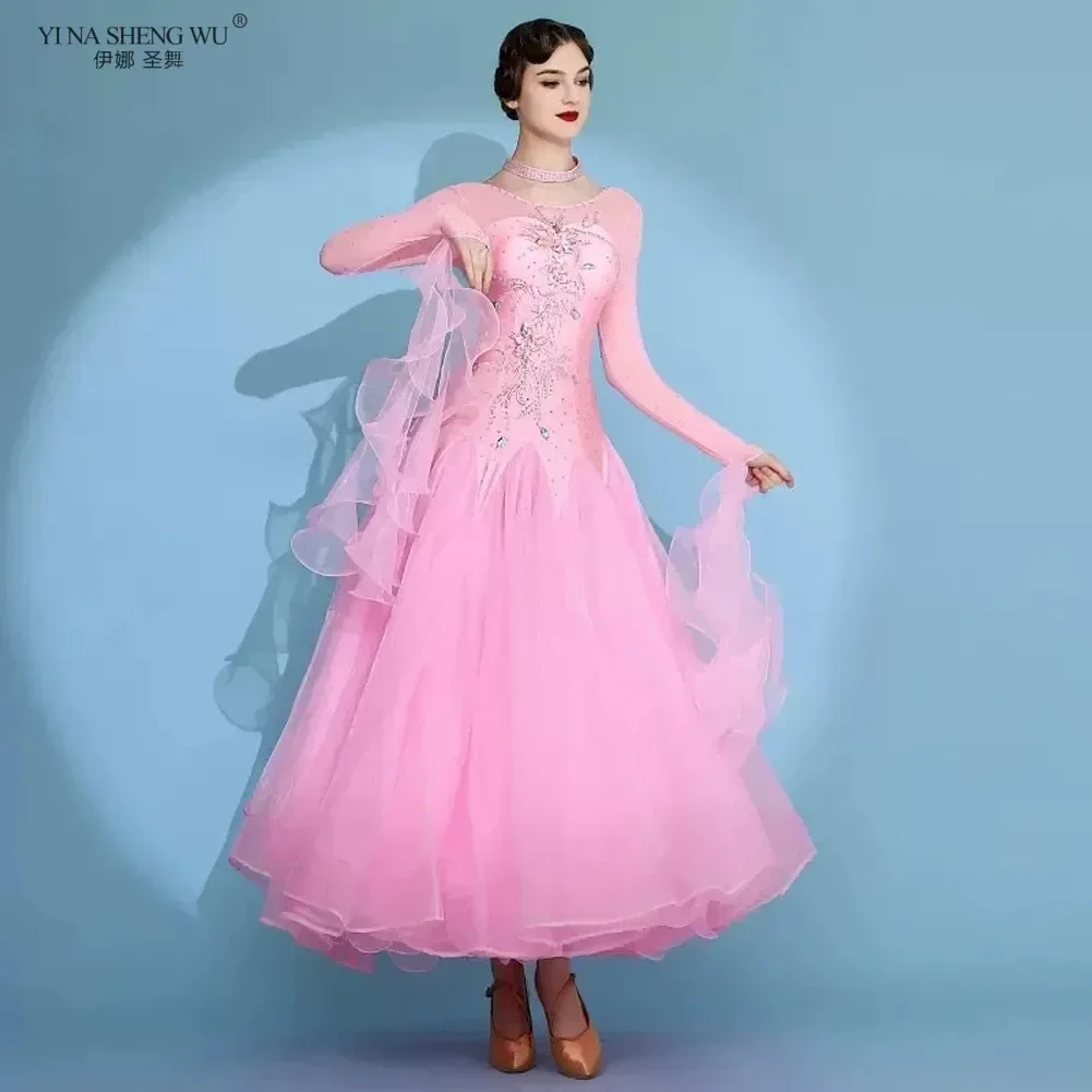 فستان الفالس لقاعة الرقص بأحجار الراين الشبكية بأكمام طويلة زي أداء الرقص القياسي ملابس المسرح فساتين السهرة