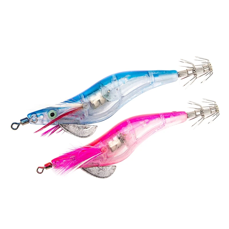 2 Pcs Flashing LED Fishing Lure Flash Light 10Cm Minnow Luminous Squid Jig Shrimp Bait Night Fishing Lure , Blue & Rose Red